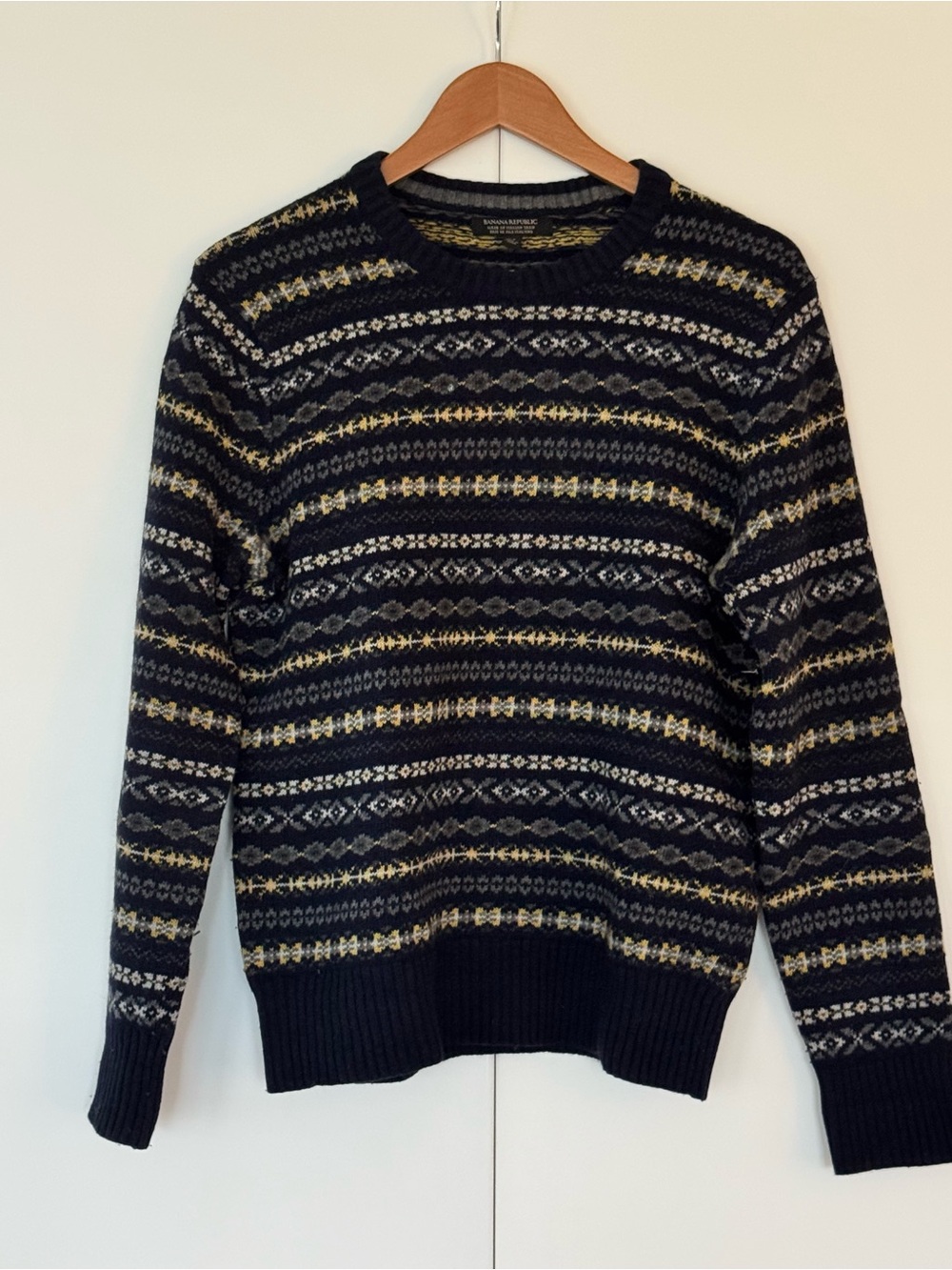 Banana Republic Navy Patterned Fair Isle Crewneck Sweater with Yellow Accents